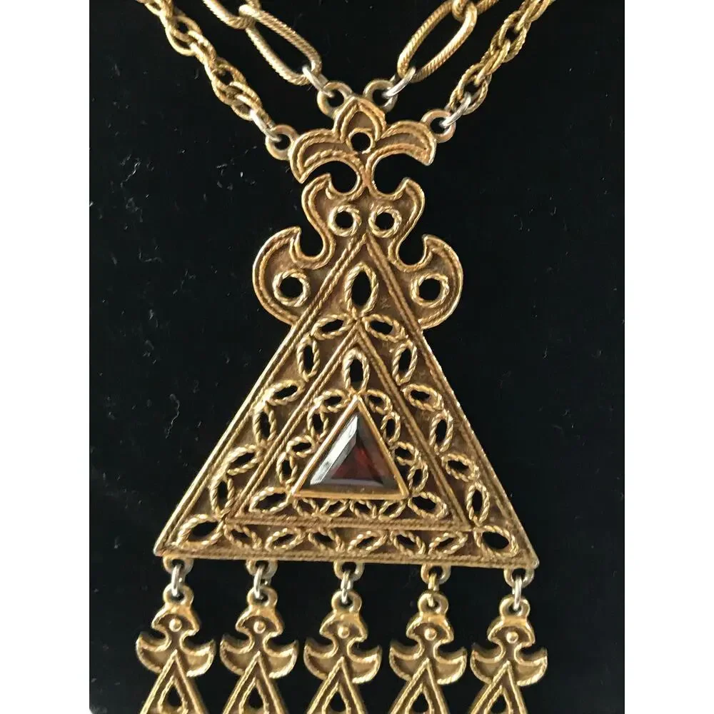 Vintage Goldette Gold Tone Triangle Filigree Pendant Egyptian Victorian Revival
